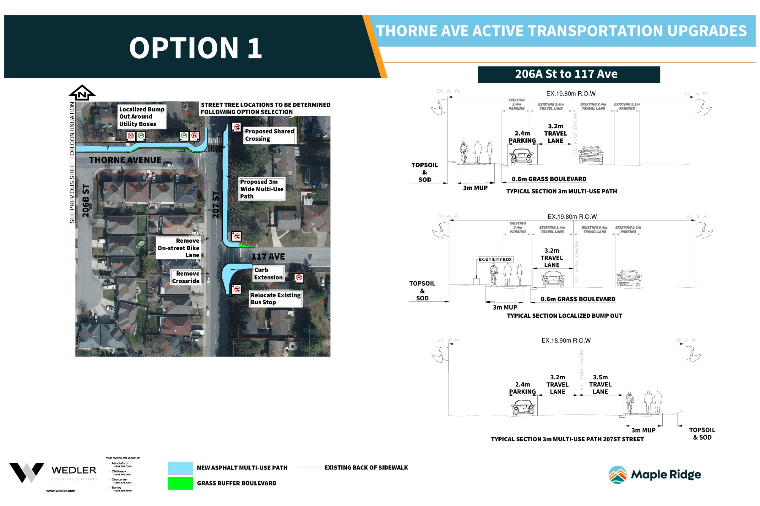 Option 1 (page 2): Multi-use path on north side; Parking on north and south sides