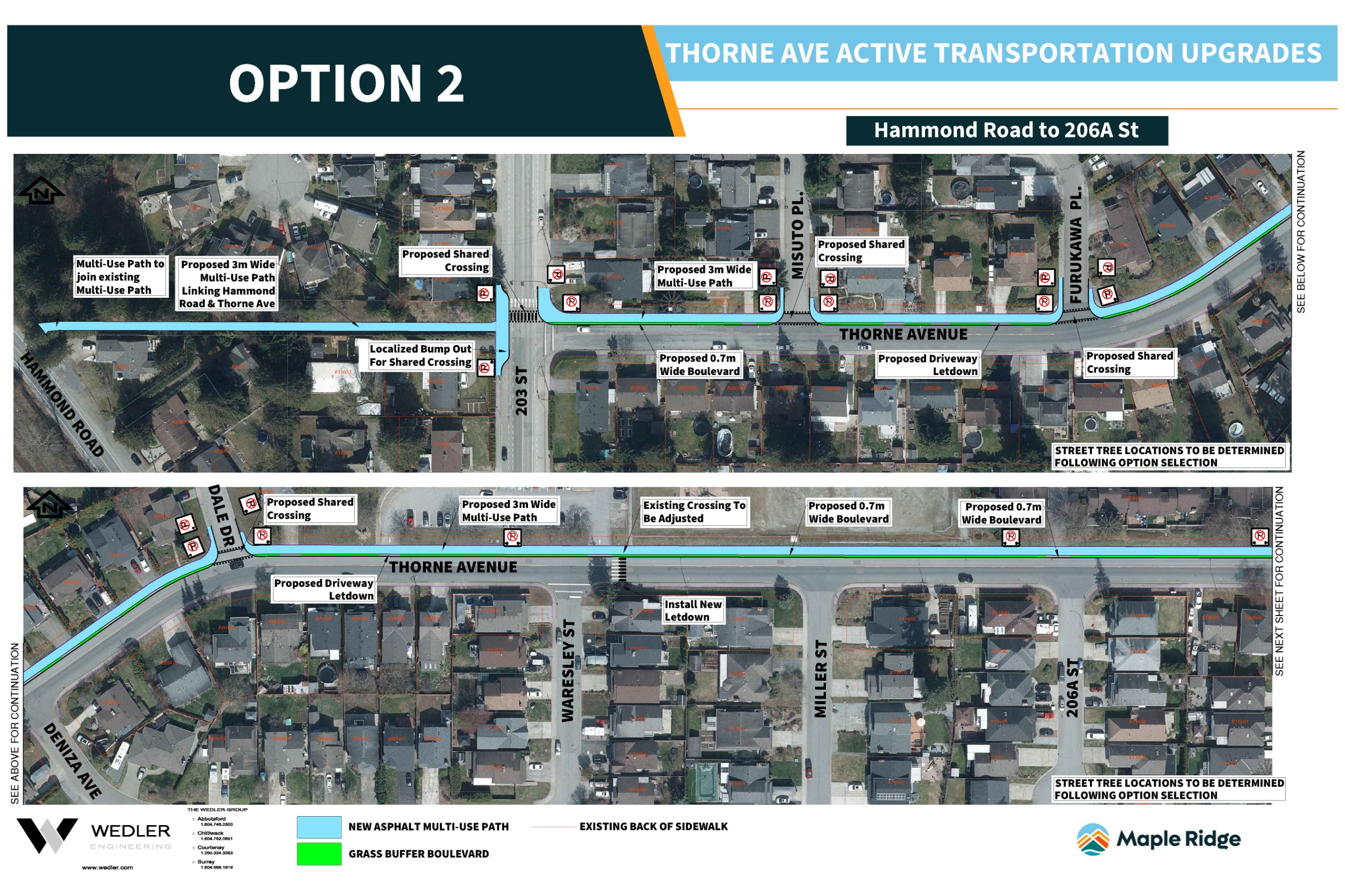 Option 2 (page 1): Multi-use path on north side; Parking only on south side 
