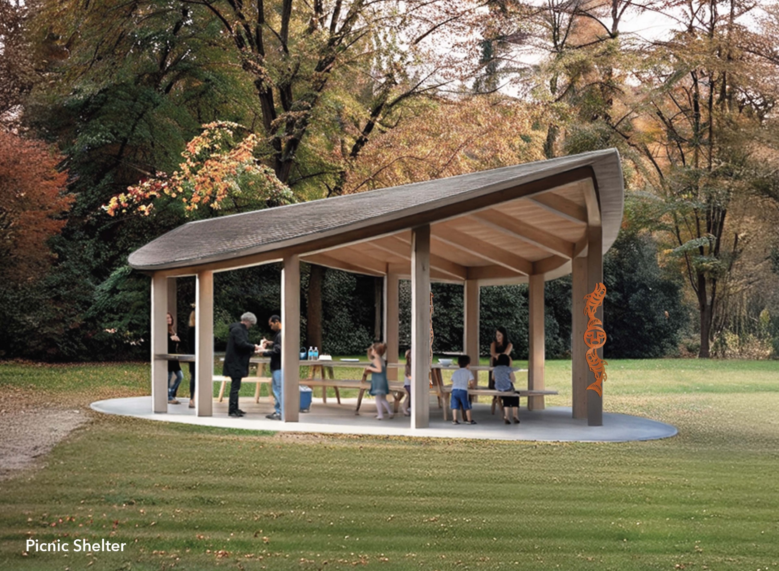 Rendering of picnic shelter with metal salmon sculptures on front columns