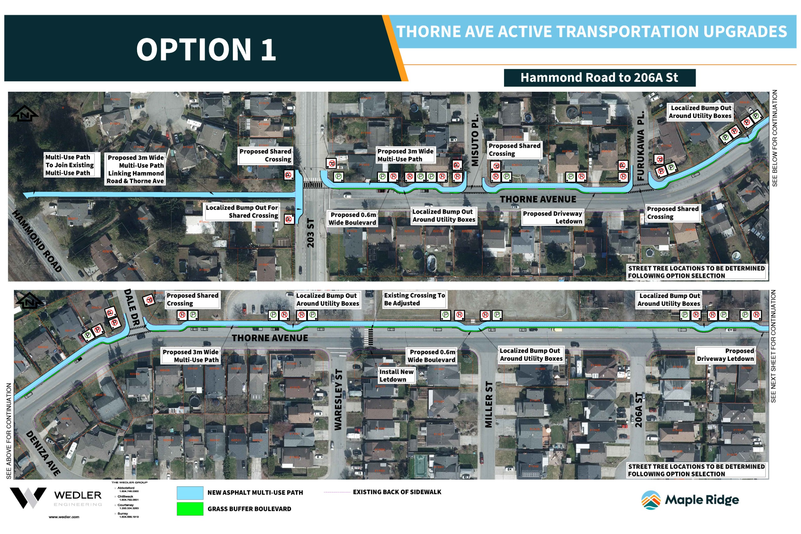 Option 1 (page 1): Multi-use path on north side; Parking on north and south sides