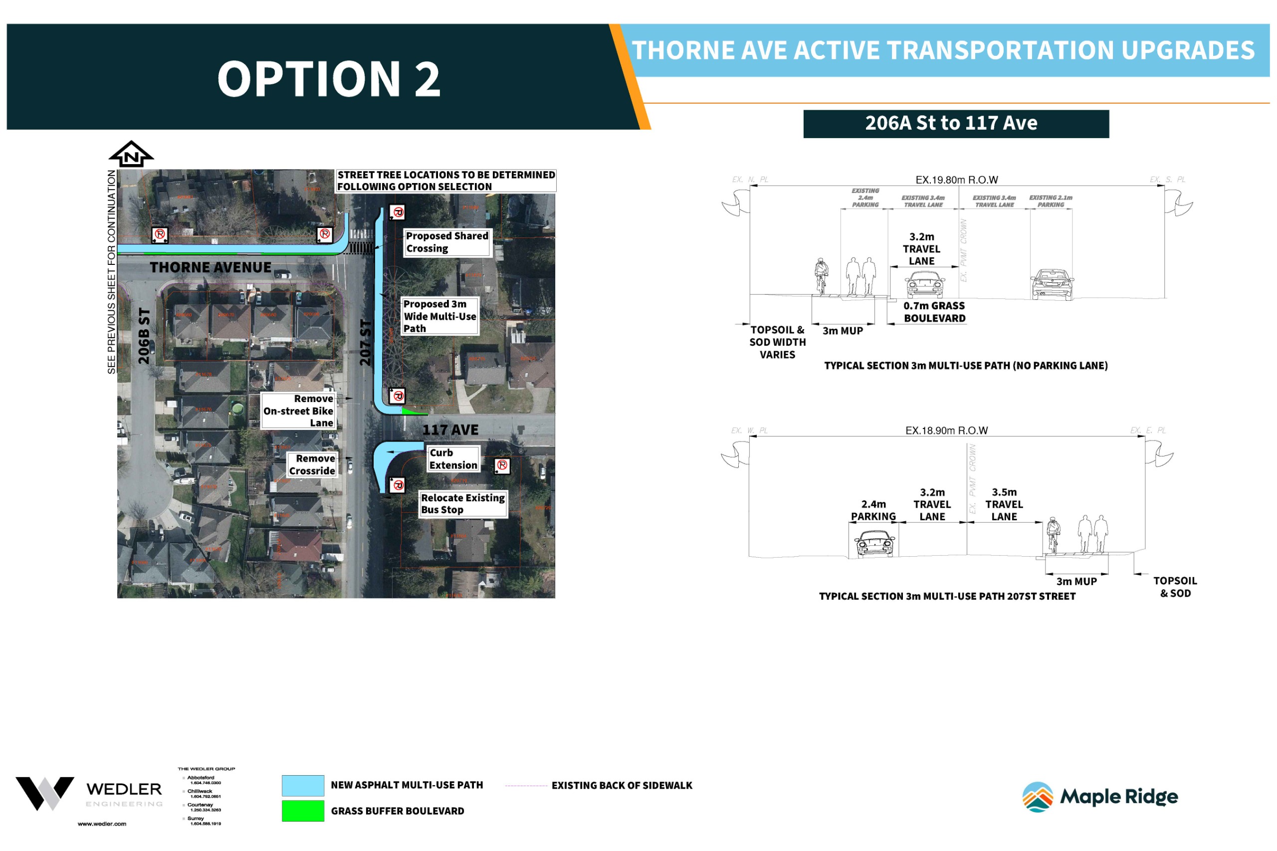 Option 2 (page 2): Multi-use path on north side; Parking only on south side 