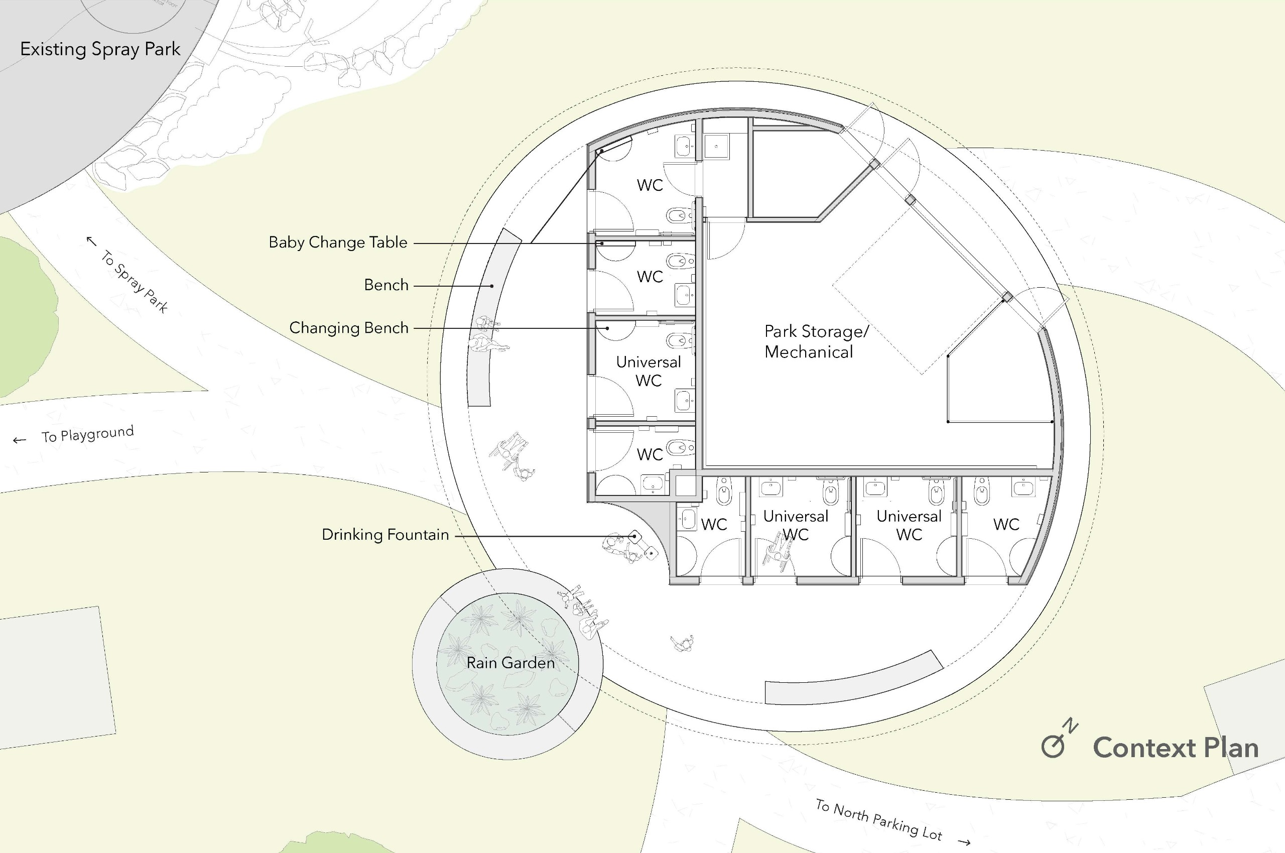 Washroom plan showing 8 single-stall washrooms including 3 universal stalls, and a park storage room at back of building.