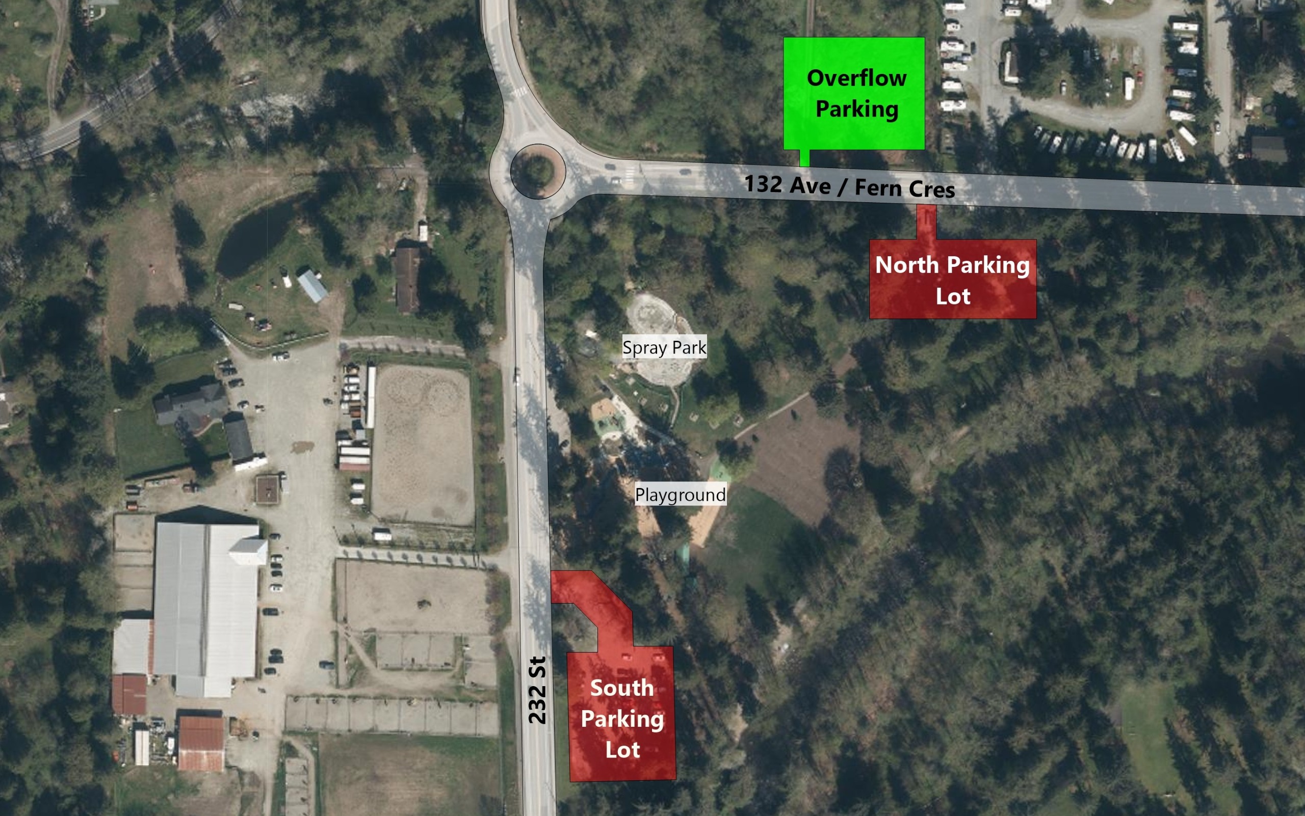 Map of Maple Ridge Park showing two existing parking lots and overflow parking to the north on 132 Ave