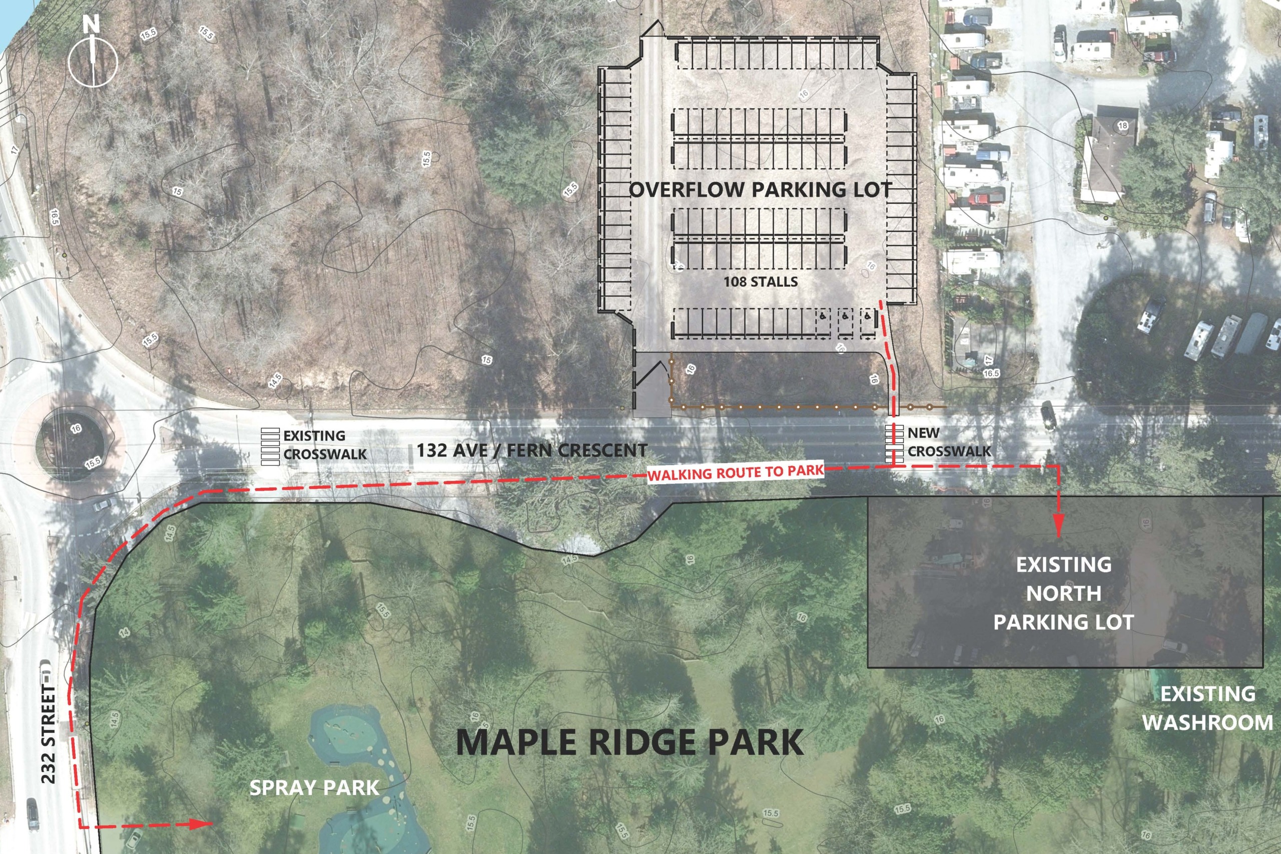 A map showing walking routes from overflow parking into maple ridge park