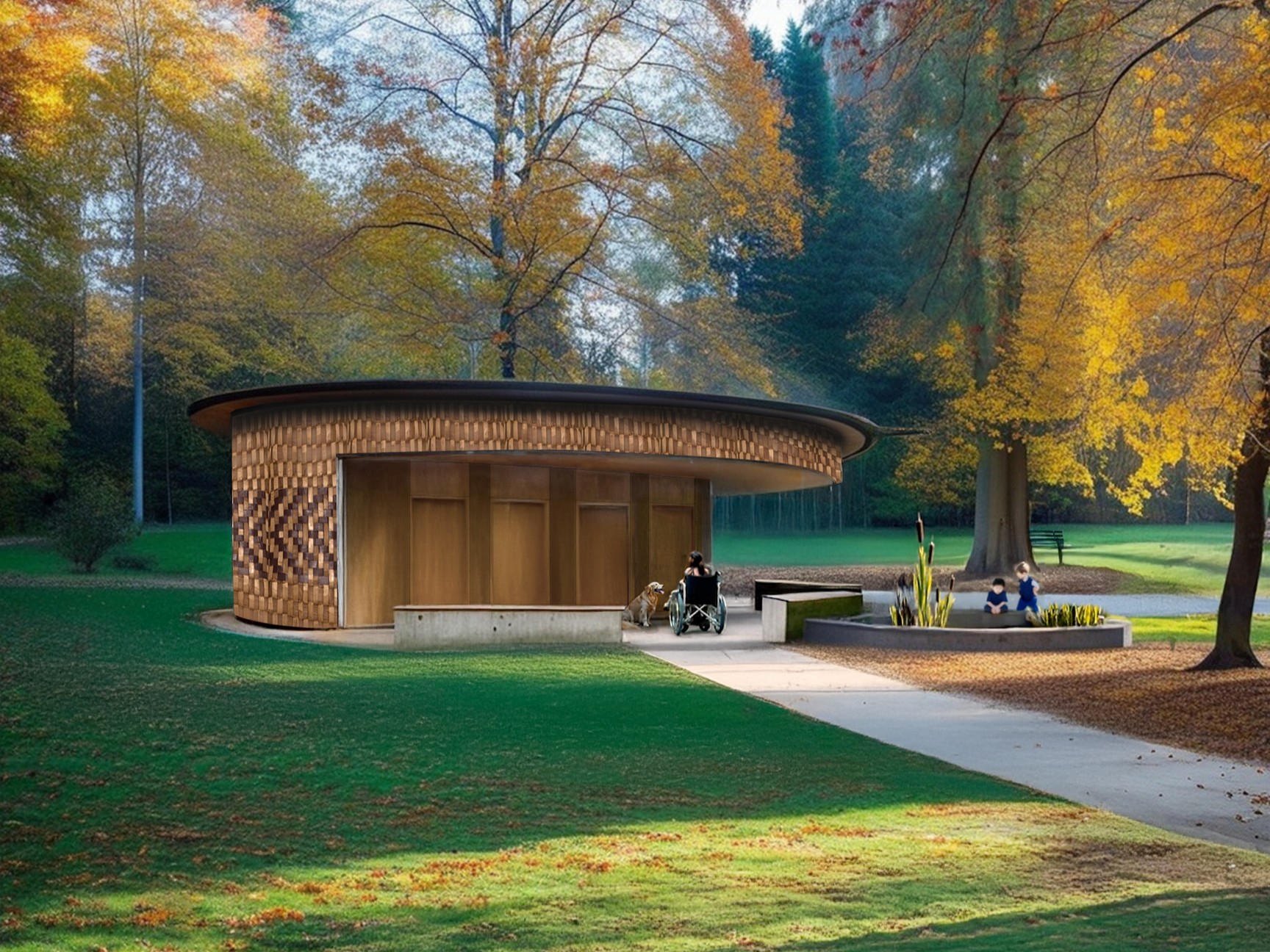 Exterior rendering of new washroom building showing basketweave cladding pattern, concrete seat walls and paved pathway with tree in background.