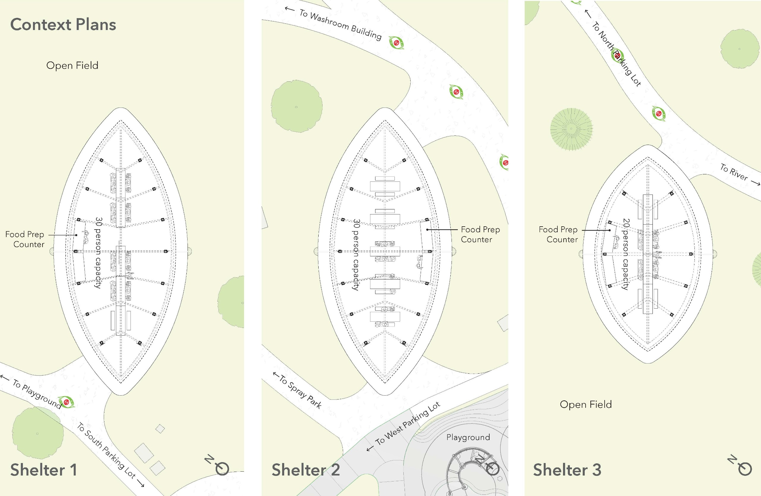 Plans showing picnic shelter layouts with picnic tables and food prep counters