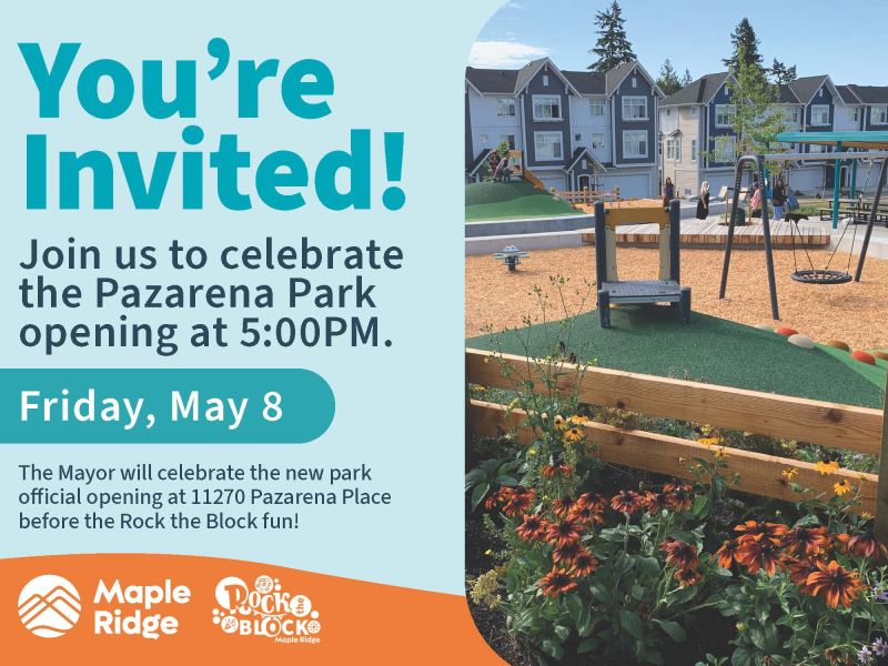 Postcard inviting the public to Rock the Block and park grand opening on May 8, 5-8pm