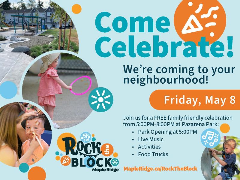 Free family friendly event from 5-8pm, May 8 with park opening, live music, activities and food trucks.